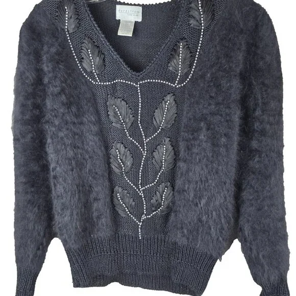Vtg‎ 80s/90s Nordstrom Angora Blend Sweater Black Beaded Leaf Glam Dynasty Small - Picture 3 of 8